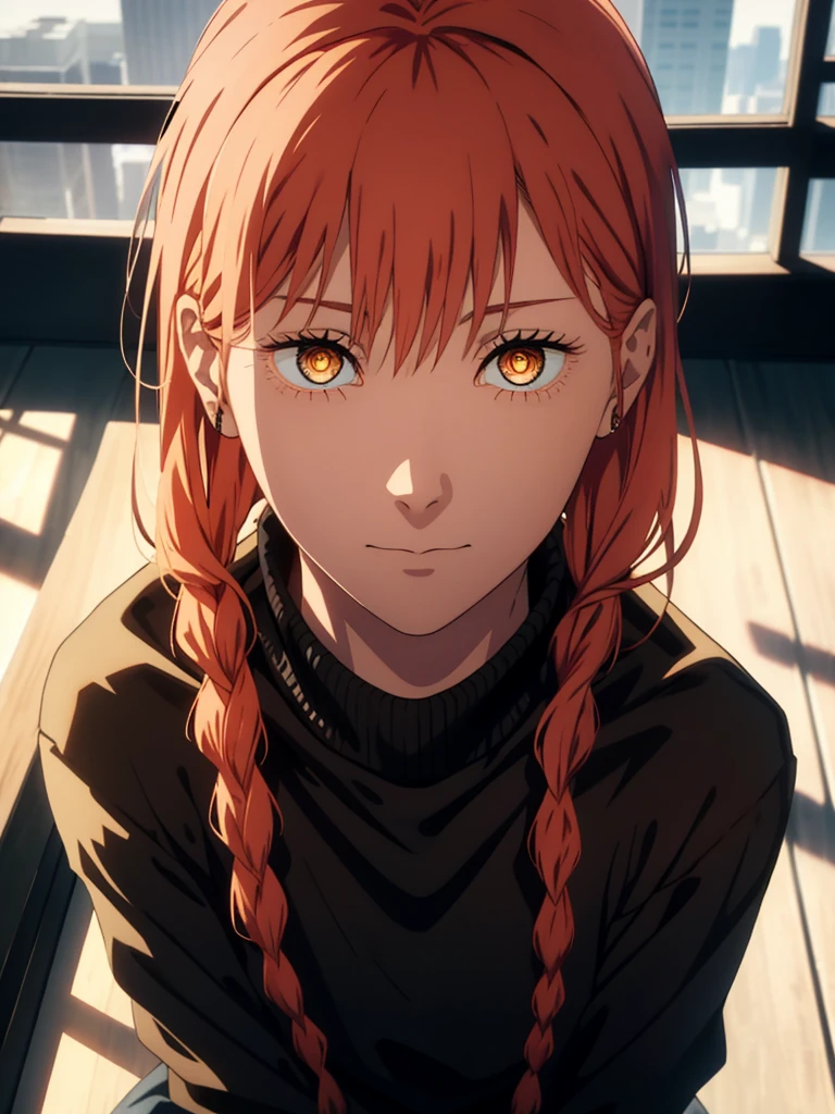hand \(Chainsaw Man\),, One Girl, only, sit, Redhead, Long braided hair, Golden Eyes,, Mid-chest, Black turtleneck sweater, Perfect collarbone, (Black lace panties), (just:1.2), look up , (close:1.3), , Upper Body, Highest quality, Glowing Skin, Highest quality, High resolution, ,