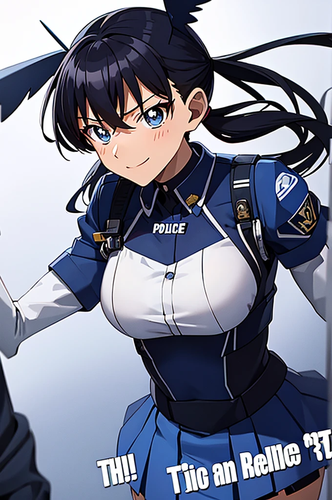 Mecha Wings、Blue Skirt、Accentuated thighs、chest、Black Hair、1 girl、solo girl、IS、Frame Arms Girl、Alice Gere Aegis、White Armor、Pink Line、income、headphone、hand on own chest、smile、Miike Naeko,One girl,alone,police,police ユニフォーム,police woman,tie,Twin tails