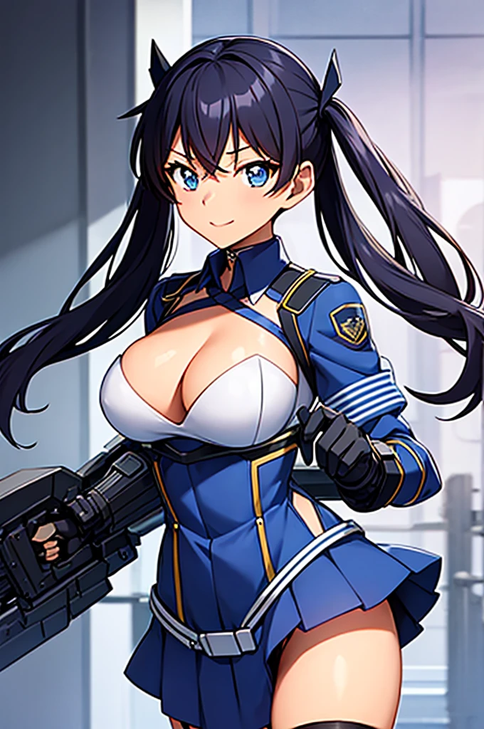 Mecha Wings、Blue Skirt、Accentuated thighs、chest、Black Hair、1 girl、solo girl、IS、Frame Arms Girl、Alice Gere Aegis、White Armor、Pink Line、income、headphone、hand on own chest、smile、Miike Naeko,One girl,alone,police,police ユニフォーム,police woman,tie,Twin tails