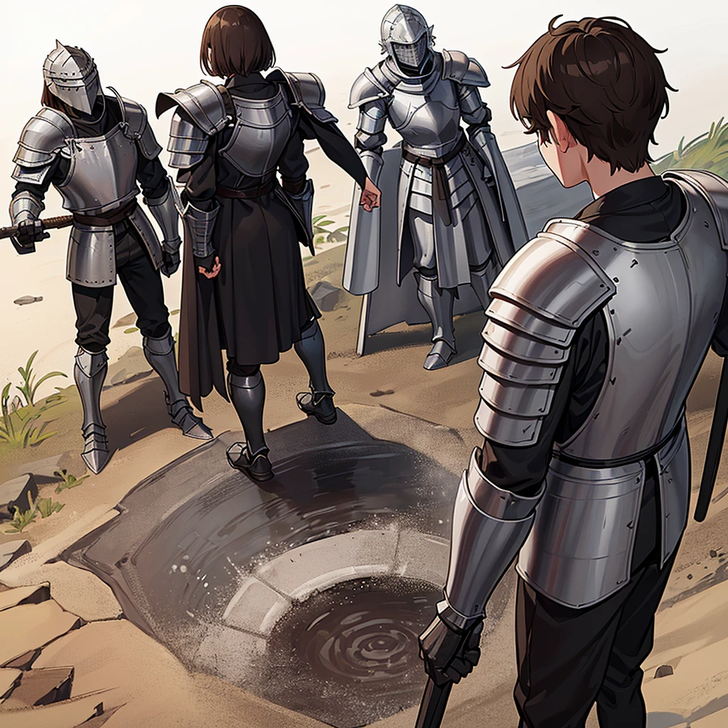Best illustrations、Best Quality、(((Simple grey armor、Black trousers、Black gloveedium Hair、Brown Hair、Plate Armor、20 year old man)))、(((Fighting Pose)))、(Old ruins、desert。Grass)、Fall to the floor、(Black, muddy swamp)、(中世の騎士が10 people)、(Close your eyes、get annoyed、Open your mouth、Get angry、Sweat)、(lots of medieval knights、10 people)、battlefield、(From the back、back view)、(White background)