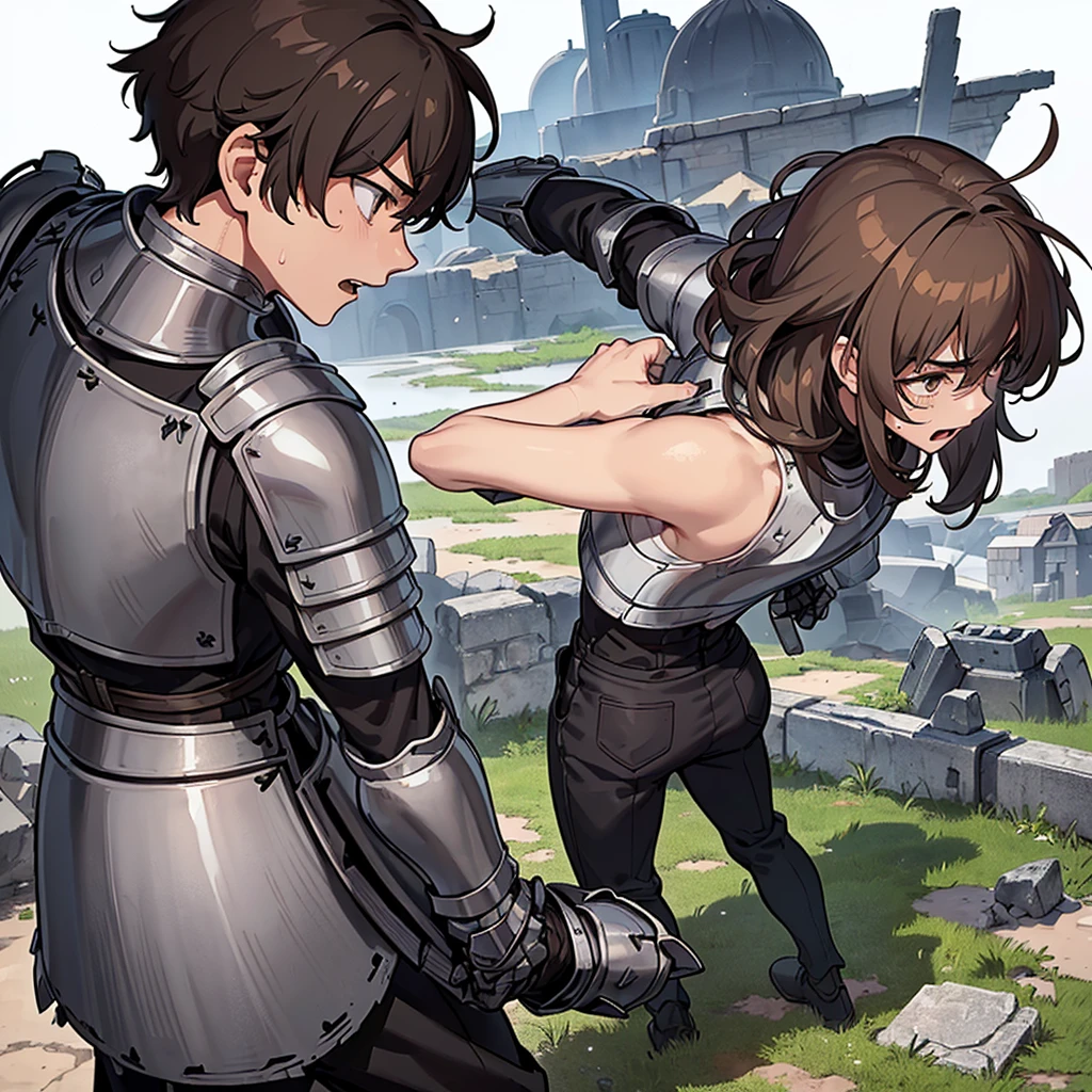 Best illustrations、Best Quality、(((Simple grey armor、Black trousers、Black gloveedium Hair、Brown Hair、Plate Armor、20 year old man)))、(((Fighting Pose)))、(Old ruins、desert。Grass)、Fall to the floor、(Black, muddy swamp)、(中世の騎士が10 people)、(Close your eyes、get annoyed、Open your mouth、Get angry、Sweat)、(lots of medieval knights、10 people)、battlefield、(From the back、back view)、(White background)