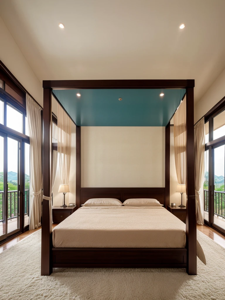 ((best quality, exceptional visual quality)), ((better skin texture, premium material))
Luxury bedroom of a villa, canopy bed, sliding glass door, balcony, big bed, huge room