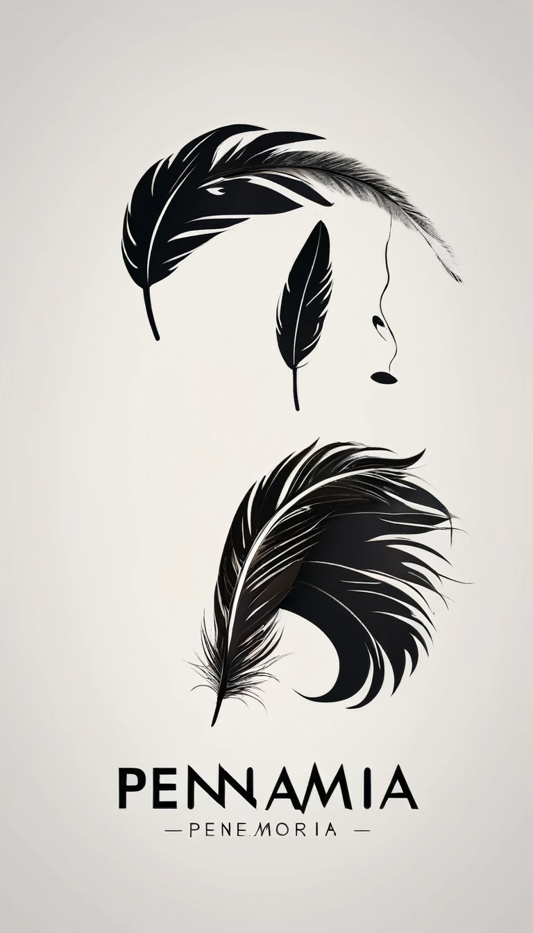 A minimalist, fantastic, poetic, dreamy, captivating, memorable, masterpiece, modern, simple logo design of a boy and a feather for the brand “Penamemoria". The logo must convey a sense of music, stories and dreams. Minimalistic logo design of a boy and a feather.