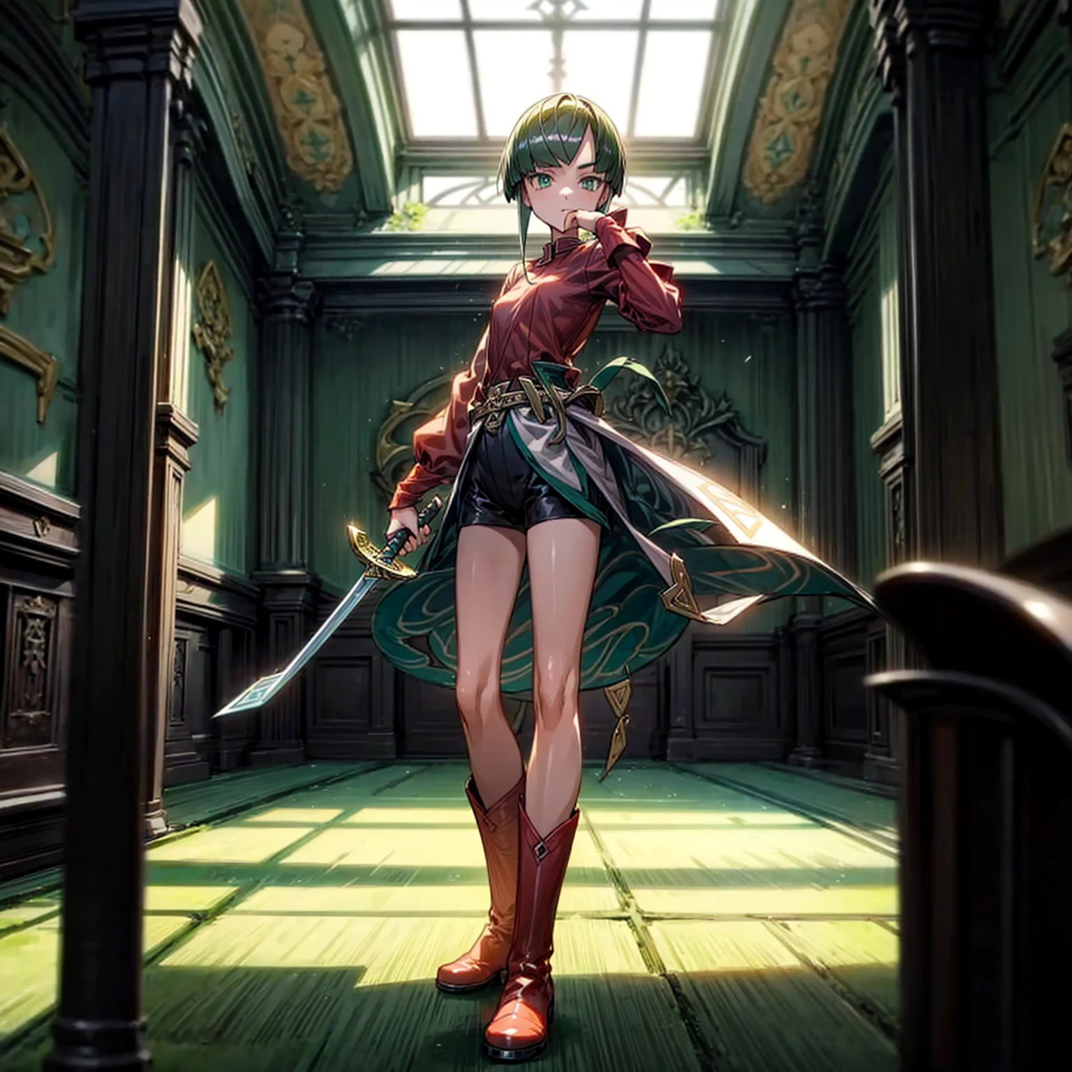 1girl, Full body version, 1character, green eyes, short haircut, green color hair, soldier style clothing, red colour clothing, boots, Grassroots, background indoor building city, motion blur, (detective conan style art), standing gesture, sword in hand 