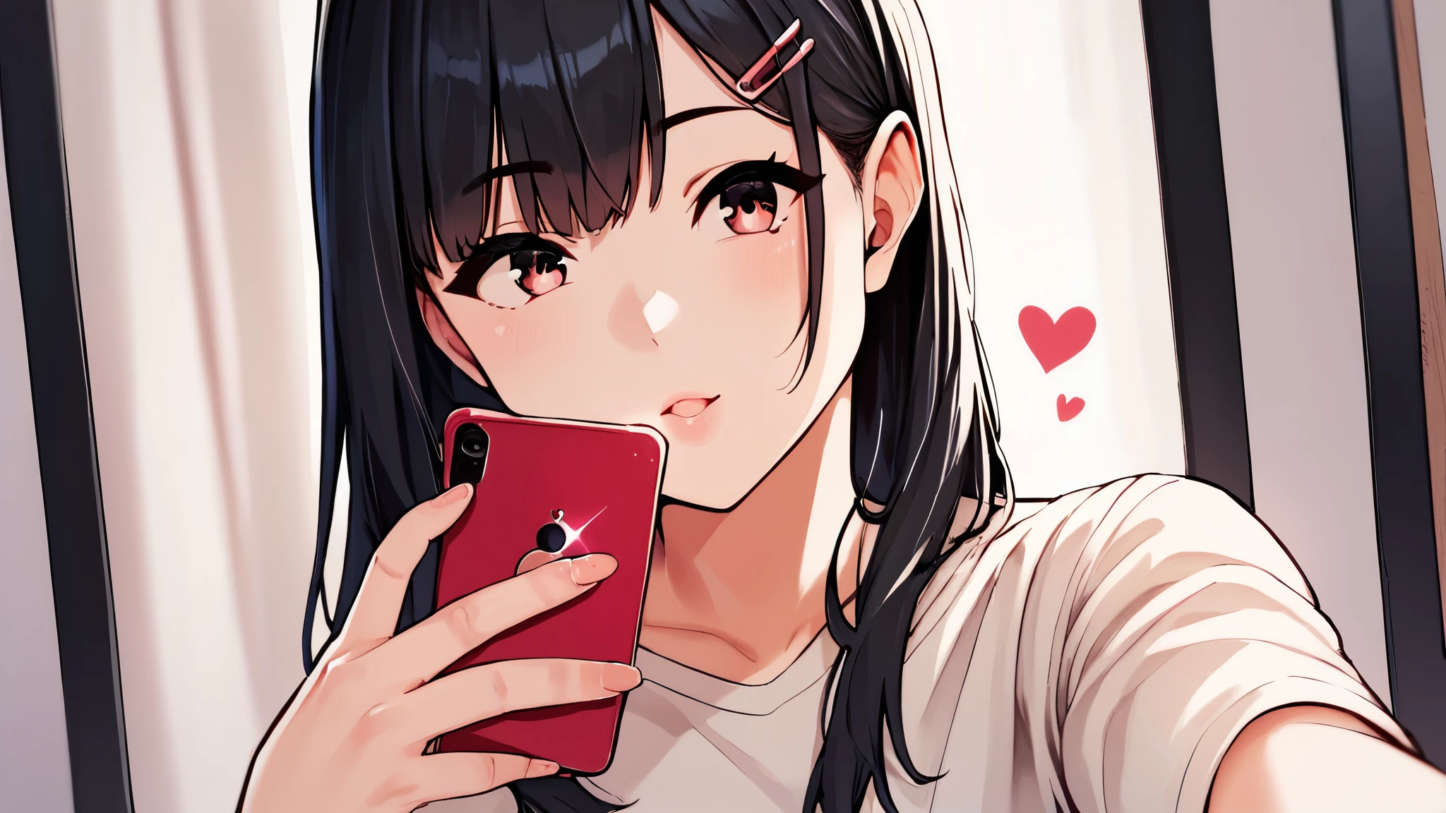 score_9, score_8_Excellent, score_7_Excellent, Cowboy Shot, From the side, One Girl, smartphone, Selfie, amount, Hair Clip, Voice of the Heart, Black Hair, bangs,
,