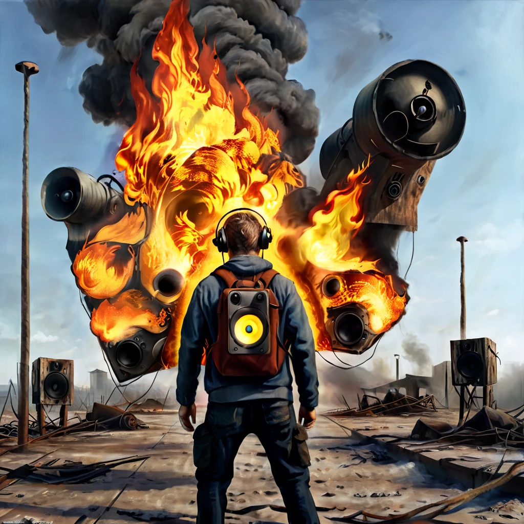 A man fire made of fire with his back to the camera in a post-apocalyptic setting, floating loudspeakers, CGI style, close-up, realistic