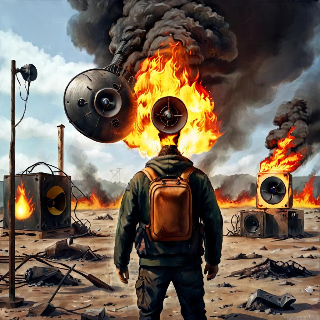 A man fire made of fire with his back to the camera in a post-apocalyptic setting, floating loudspeakers, CGI style, close-up, realistic