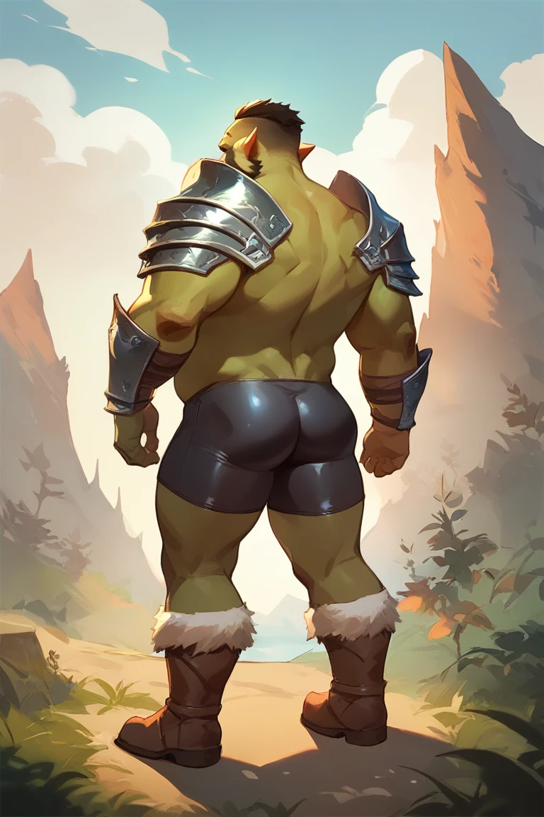 score_9, score_8_up, score_7_up, solo, male focus, chubby male, orc, green skin, tusks, beard, outdoors, micro armor , shoulder armor, breastplate, day, boots , (( black micro tight shorts )) , full body , rounded ass , backside , back side