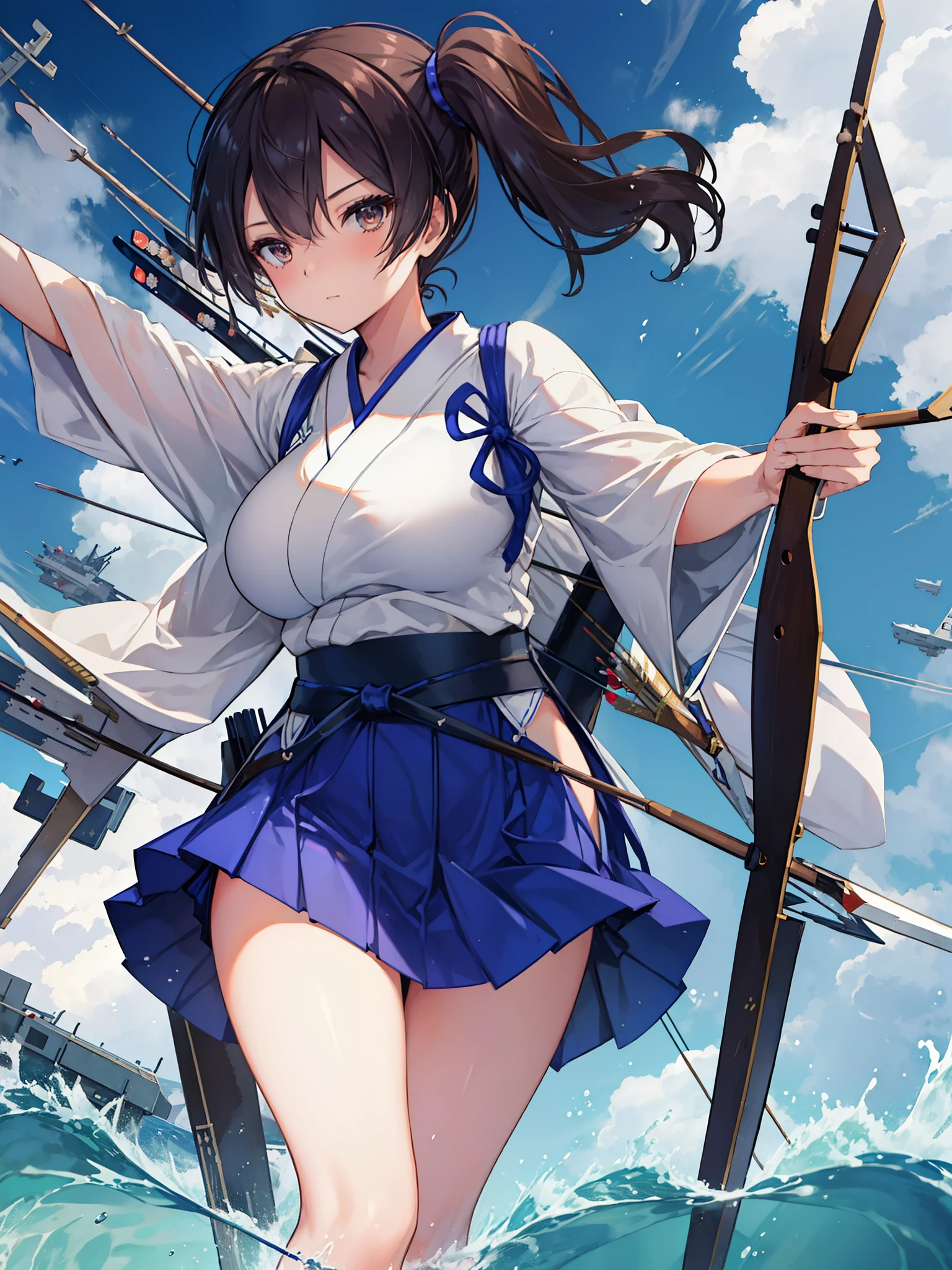 Kaga(Fleet Collection),highest quality, masterpiece, High resolution,kimono,blue skirt,side ponytail,big_breasts,solo,Japanese_bow&arrow,dynamic_posing,half_eyes,solo,plump,sea_landscape_background,waves