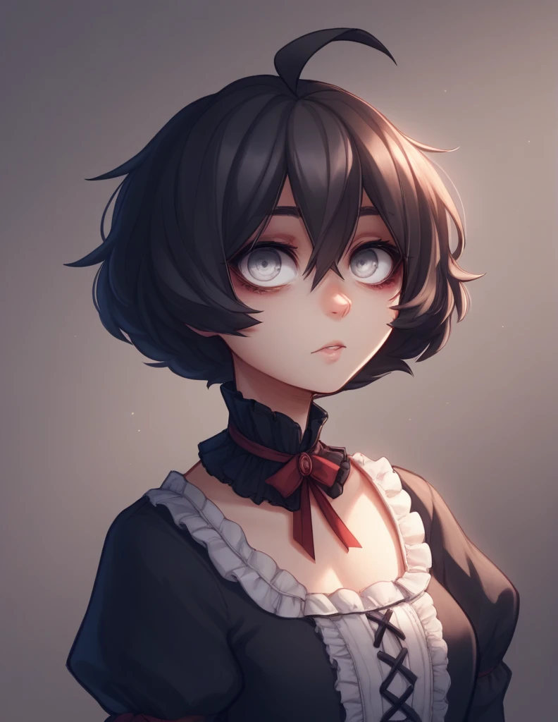 1 girl, alone, ppka, black fur, short hair, messy fur, Ahoge, parts, parts por todo el cuerpo, grey eyes, blind eyes, kind eyes, address would be, sexy look,, looking at the viewer, 
Beautiful peach color, victorian style dress, 
posing, a little cold environment, 