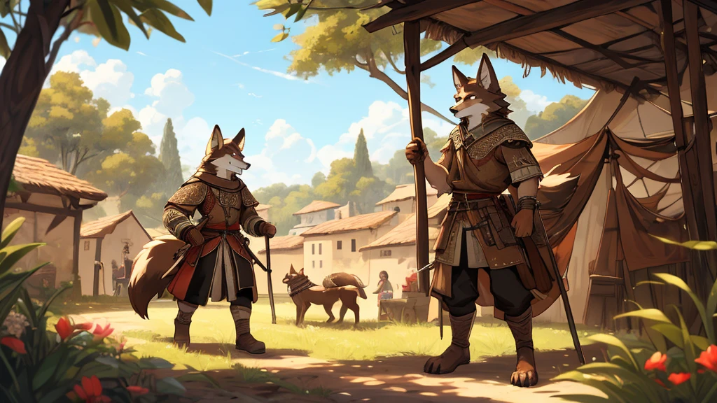(very detailed illustration: 1.2), best quality, masterpiece, solo, natural lighting, An young anthro wolf with dark brown fur, he has brown eyes and dark brown hair, he has fur on his hands and they have claws., he is dressed in archer clothing from the medieval era, he is in an open field, on his sides there are trees and behind him is a village from the medieval era, he is smiling.