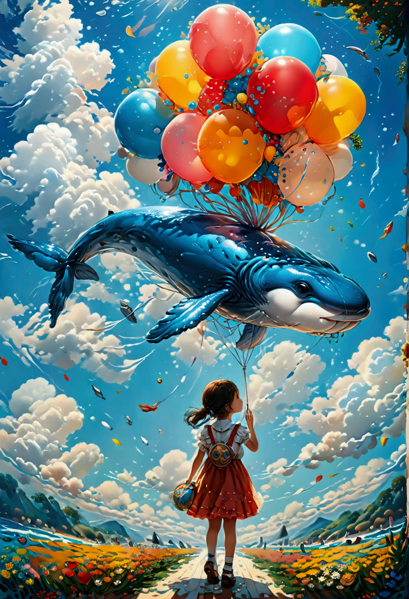 a digital paining of  balloon in the shape of blue whale being held by cute , High Contrast, (masterpiece:1.5), highest quality, Best aesthetics), 16K fantasy art, best details, best quality, highres, (ultra wide angle: 1.2), 16k, [ultra detailed], masterpiece, best quality, (extremely detailed), magical sky, digital painting