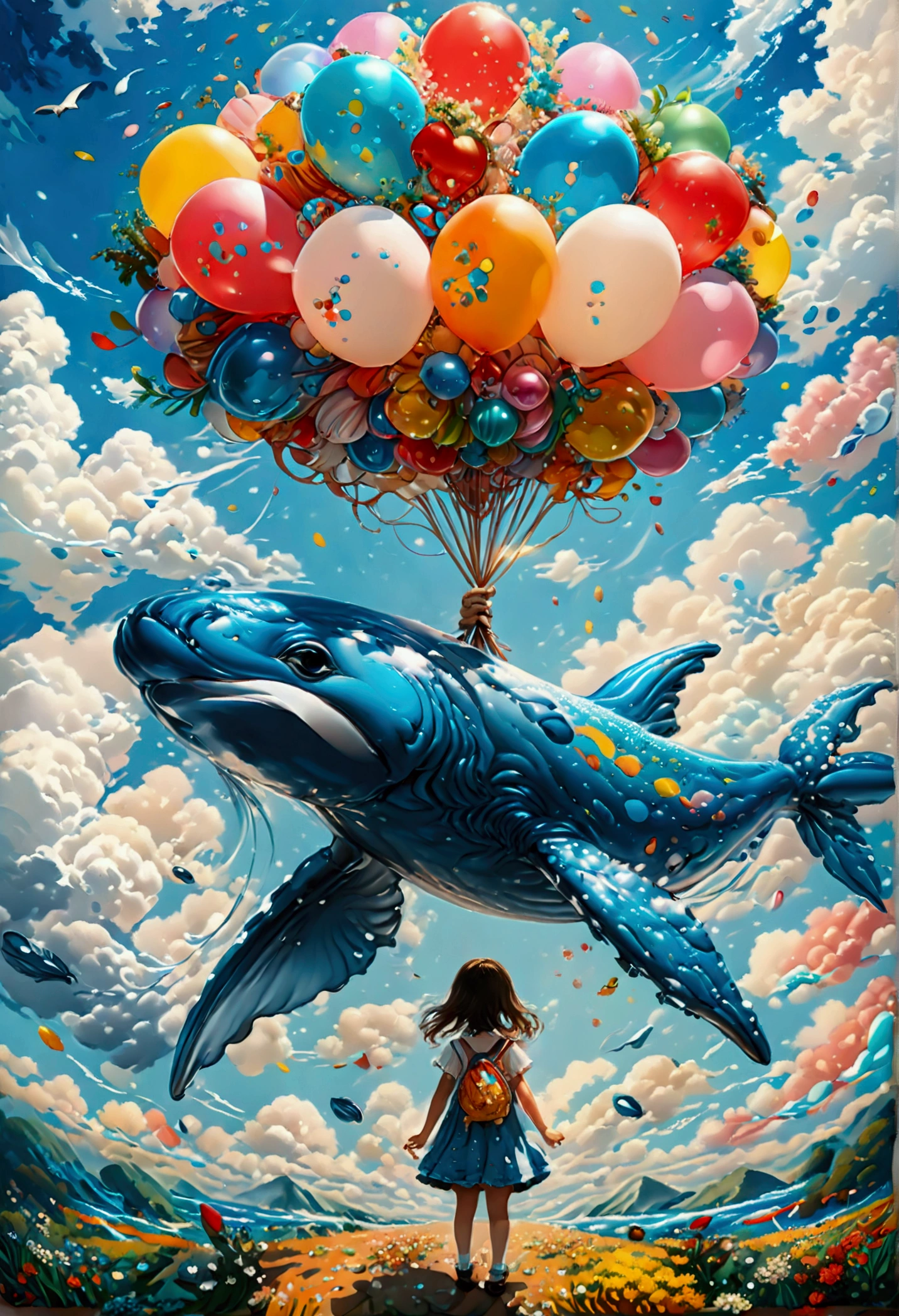 a digital paining of  balloon in the shape of blue whale being held by cute kindergarten girl, High Contrast, (masterpiece:1.5), highest quality, Best aesthetics), 16K fantasy art, best details, best quality, highres, (ultra wide angle: 1.2), 16k, [ultra detailed], masterpiece, best quality, (extremely detailed), magical sky, digital painting