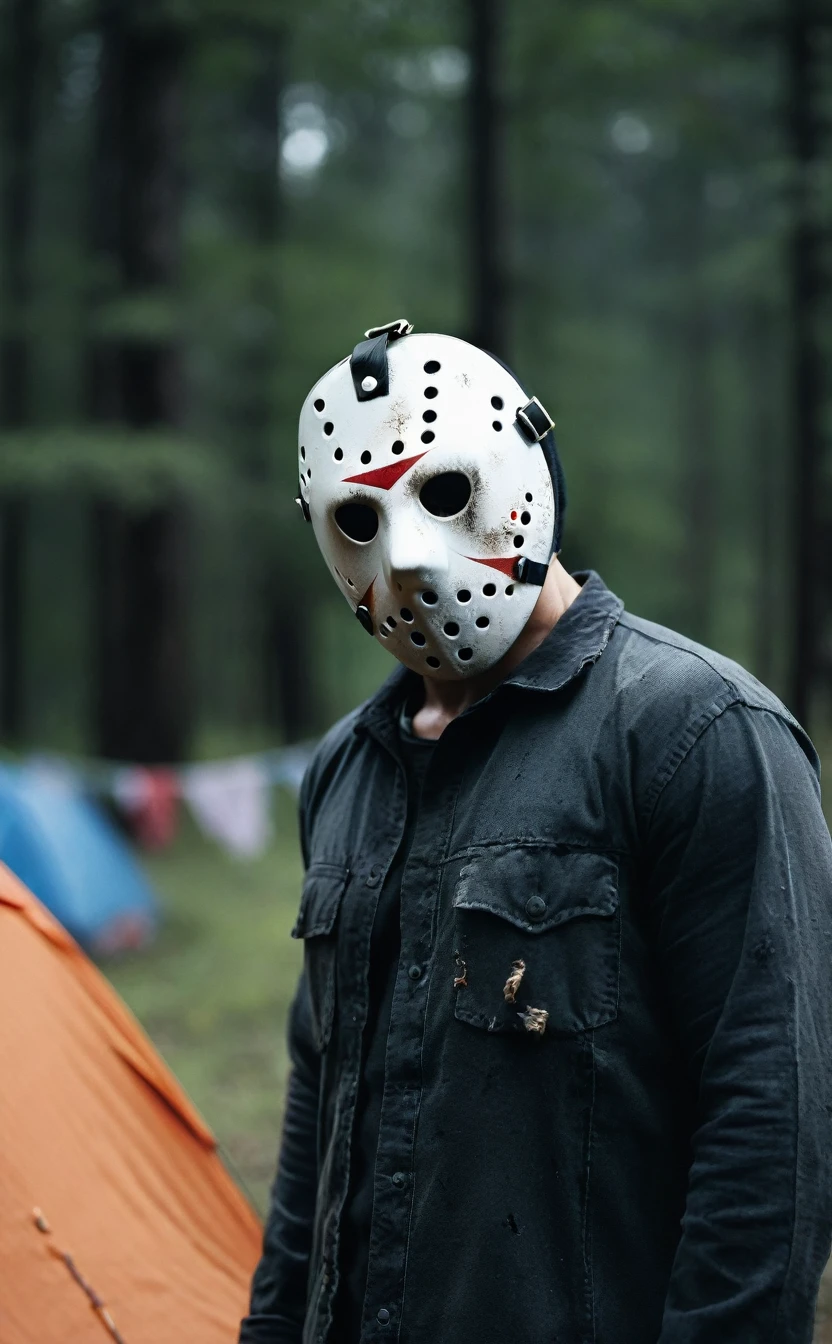 Campsite background、8k、Dark fantasy、Jason、Tattered clothes,Torn clothes、 Mask、Skinhead、Friday the 13th、Give the viewer a malicious look, Grabbing Viewer, For the viewer,Shallow depth of field, Vignette, Very detailed, High budget, Bokeh, CinemaScope, Sulky, amazing, nice, Film Grain, granular . Creepy, Anxious, dark, Creepyな, Suspenseful, strict, Very detailed