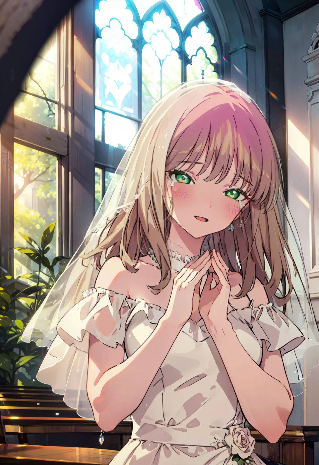 minami yume ,sss Dynazenon ,Long Hair, Brown Hair, (Green Eyes:1.5) ,blush,happy smile, smile, Open your mouth,Off-the-shoulder wedding dresses,Wedden Skirt,necklace,Veil,bouquet,Close both eyes,Tears stream down her face,Tears of joy,I cry a lot,
break looking at viewer, whole body,(Cowboy Shot:1. 5) break indoors, Chapel,church, break (masterpiece:1.2), Highest quality, High resolution, unity 8k wallpaper, (shape:0.8), (Beautiful attention to detail:1.6), Highly detailed face, Perfect lighting, Highly detailed CG, (Perfect hands, Perfect Anatomy),