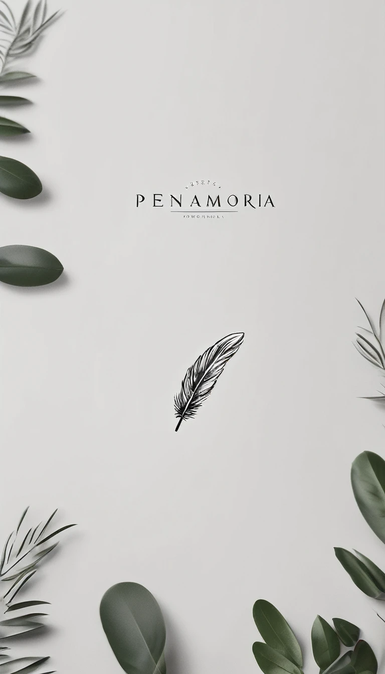 A minimal, modern, simple, cinematic logo design for the brand “Penamemoria". Create a modern, memorable, unique, minimalistic, high-quality,dreamy, fantastic, poetic, masterpiece logo design of a MEMORY FEATHER