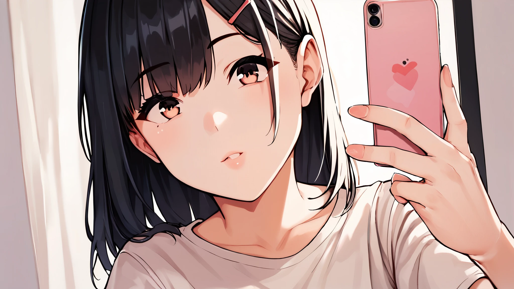 score_9, score_8_Excellent, score_7_Excellent, Cowboy Shot, From the side, One Girl, smartphone, Selfie, amount, Hair Clip, Voice of the Heart, Black Hair, bangs,
,