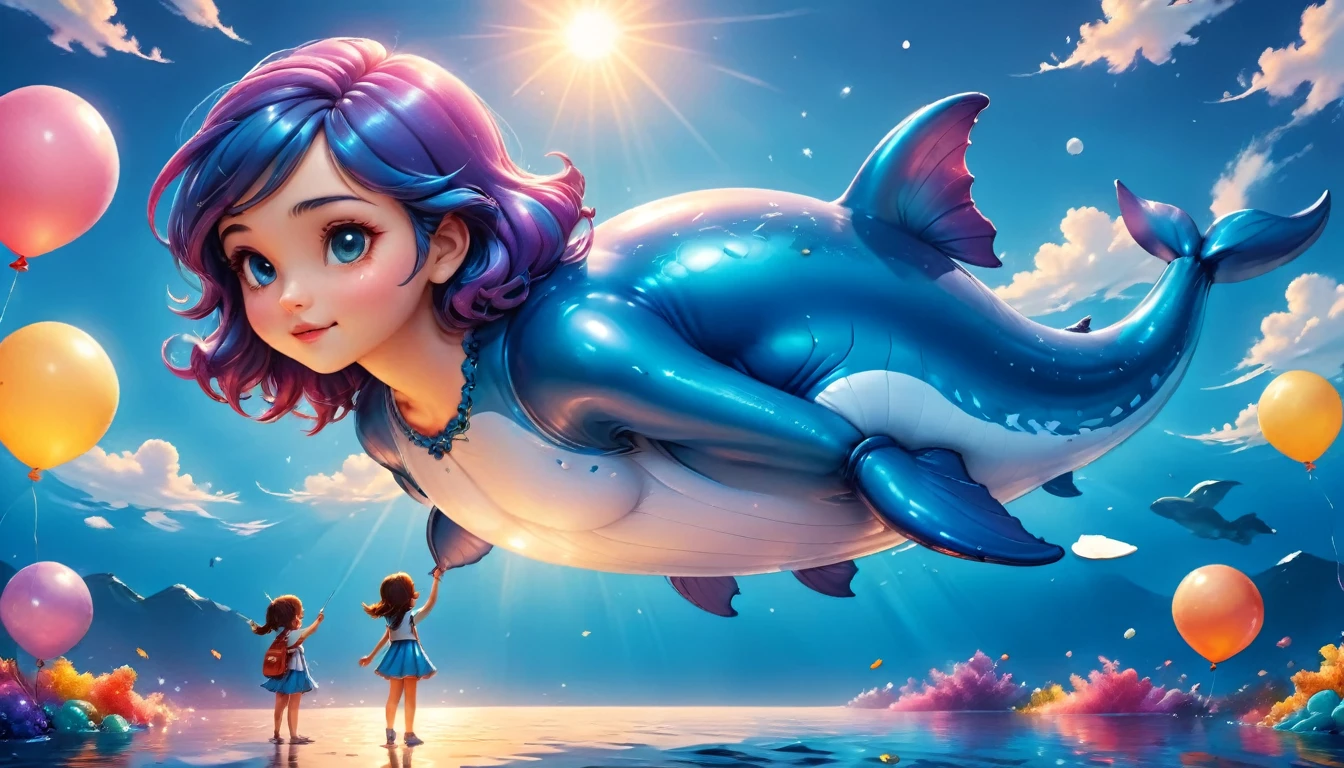 a digital paining of  (balloon in the shape of blue whale) ((being held by a cute kindergarten girl)), High Contrast, (masterpiece:1.5), highest quality, Best aesthetics), 16K fantasy art, best details, best quality, highres, (ultra wide angle: 1.2), 16k, [ultra detailed], masterpiece, best quality, (extremely detailed), magical sky, digital painting, balloonz