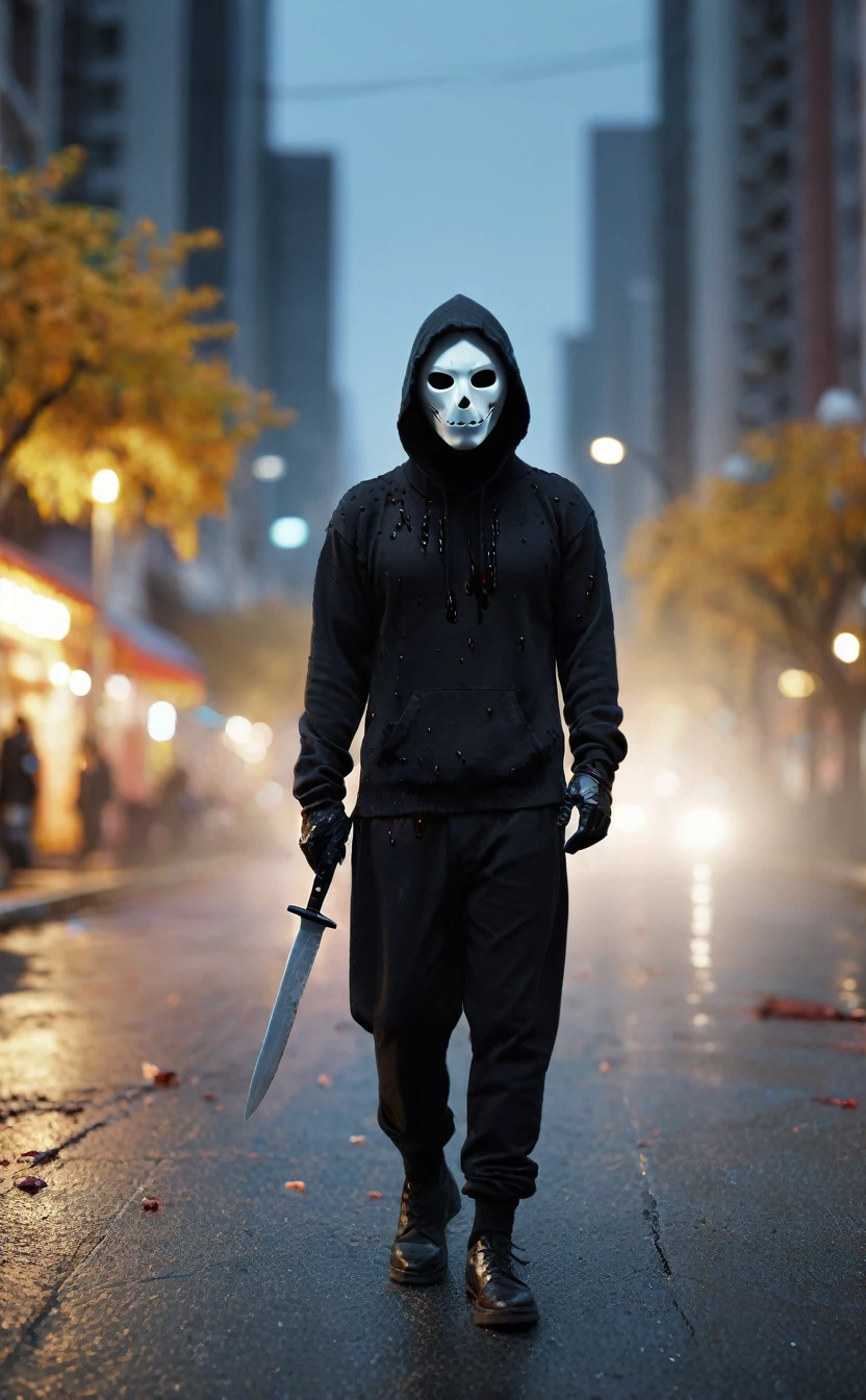 Halloween festive background、８ｋ、Dark fantasy、City of Halloween、Ultra HD、Amazing image quality,４ｋ、White Mask、boogeyman、all back、work shoeichael Myers、Black work clothes、Jumper、Knife、blood droplets、Full Body Shot,Give the viewer a malicious look, Grabbing Viewer, For the viewer,Shallow depth of field, Vignette, Very detailed, High budget, Bokeh, CinemaScope, Sulky, amazing, nice, Film Grain, granular . Creepy, Anxious, dark, Creepyな, Suspenseful, strict, Very detailed