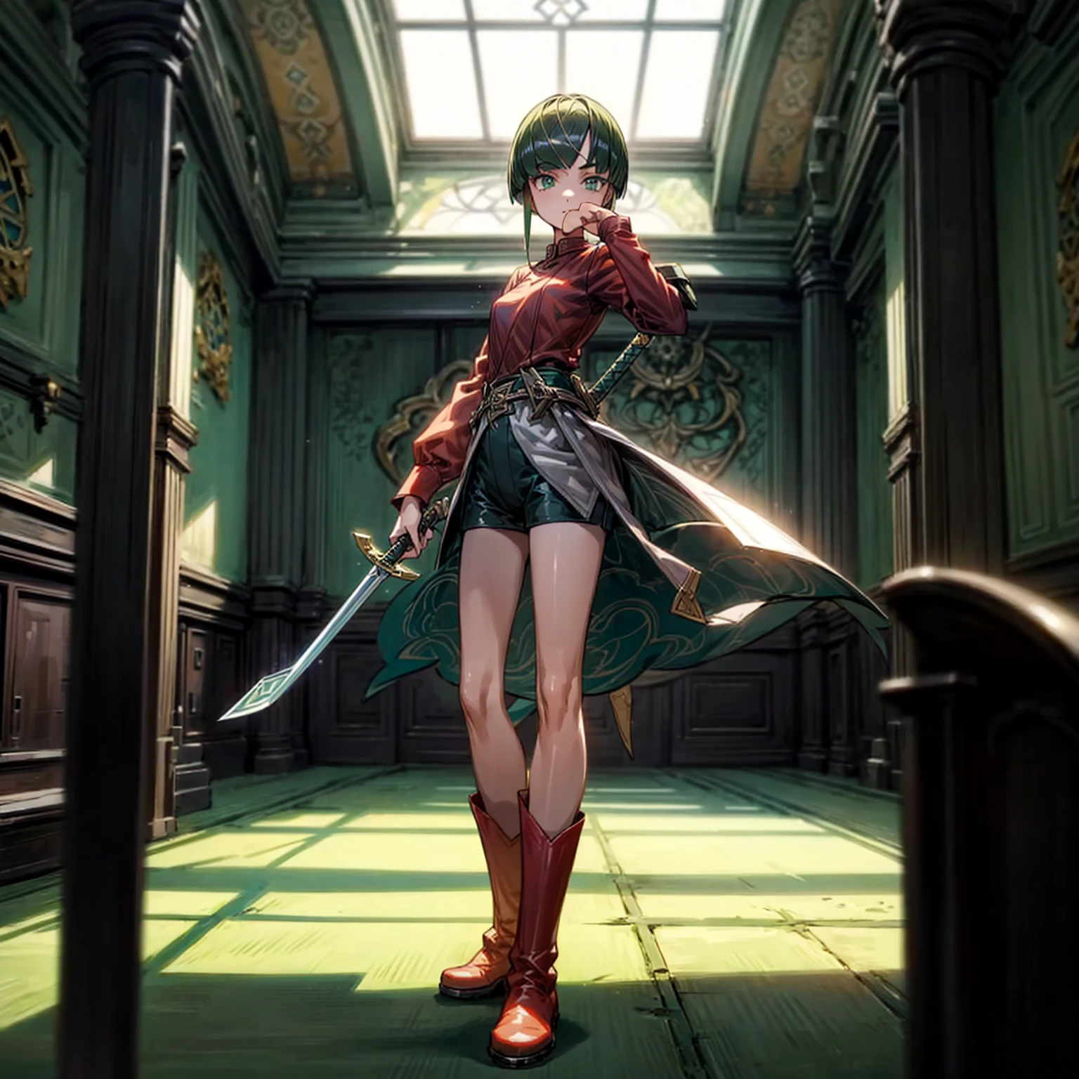 1girl, Full body version, 1character, green eyes, short haircut, green color hair, soldier style clothing, red colour clothing, boots, Grassroots, background indoor building city, motion blur, (detective conan style art), standing gesture, sword in hand 