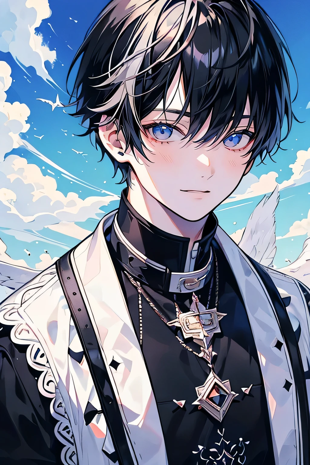(Piece Fly), (best quality), Very detailed, ((Two friendly men)), Perfect face, Pretty Face, Very detailed face,(Black-haired man:1.3),(White haired man:1.3),Smile,in the sky