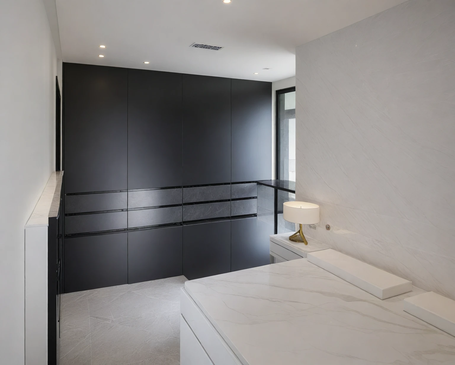 Raw photo,Masterpiece, high quality, best quality, authentic, super detail,
indoors, interior , ((bedroom :1.3)), modern style, daylight, (WHITE WALL),luxury, marble tile floor, fridge, black stone counter top