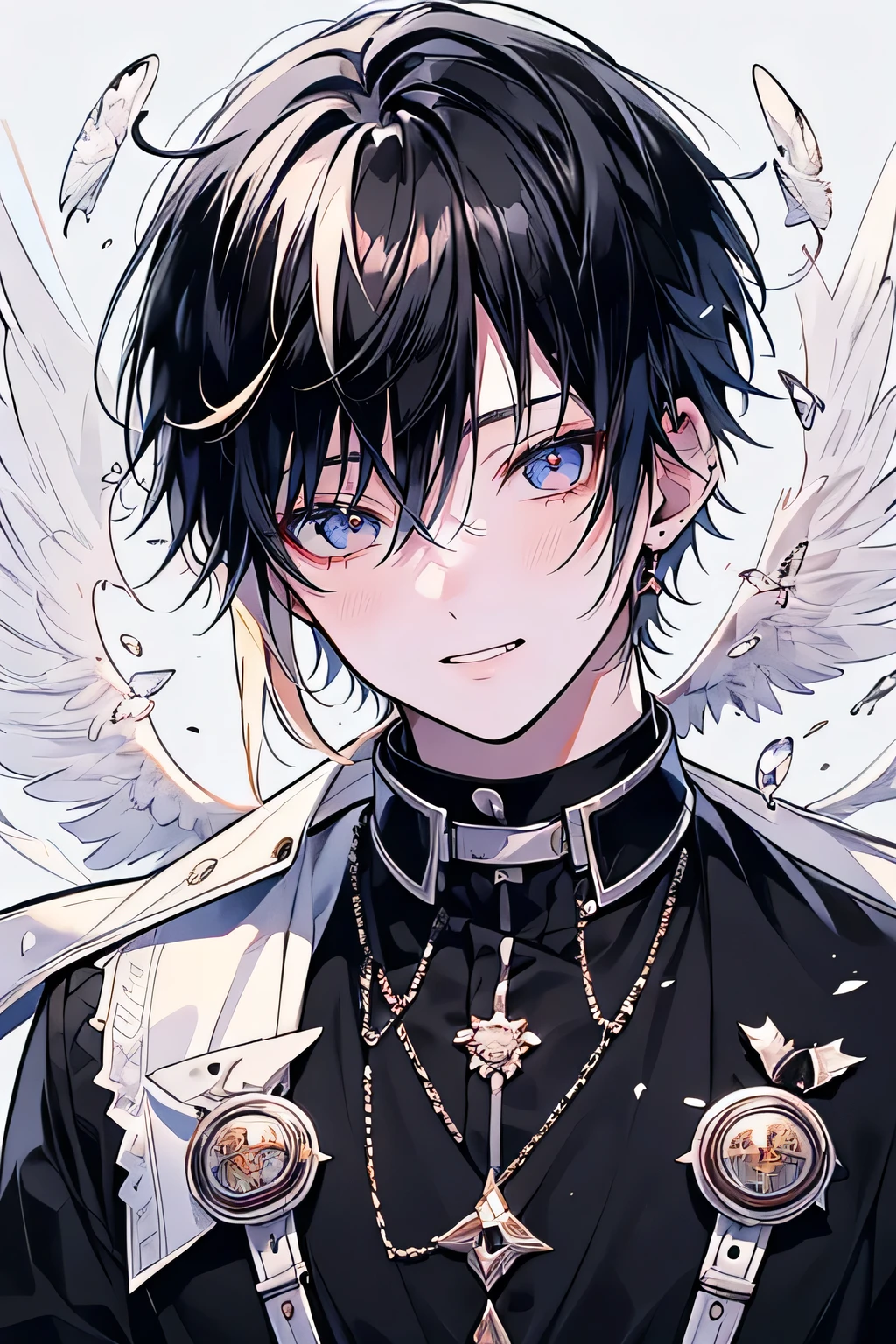 (Piece Fly), (best quality), Very detailed, ((Two friendly men)), Perfect face, Pretty Face, Very detailed face,(Black-haired man:1.3),(White haired man:1.3),Smile,in the sky