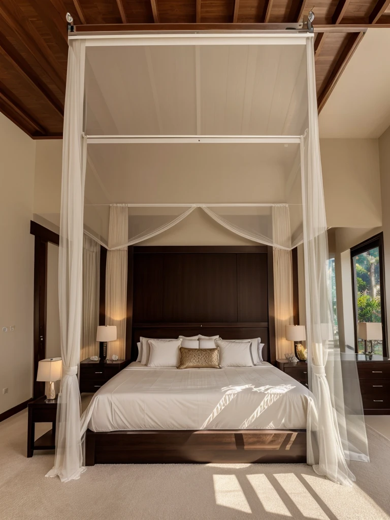 ((best quality, exceptional visual quality)), ((better skin texture, premium material))
Luxury bedroom of a villa, canopy bed, sliding glass door, balcony, big bed, (( huge room)), balcony walls