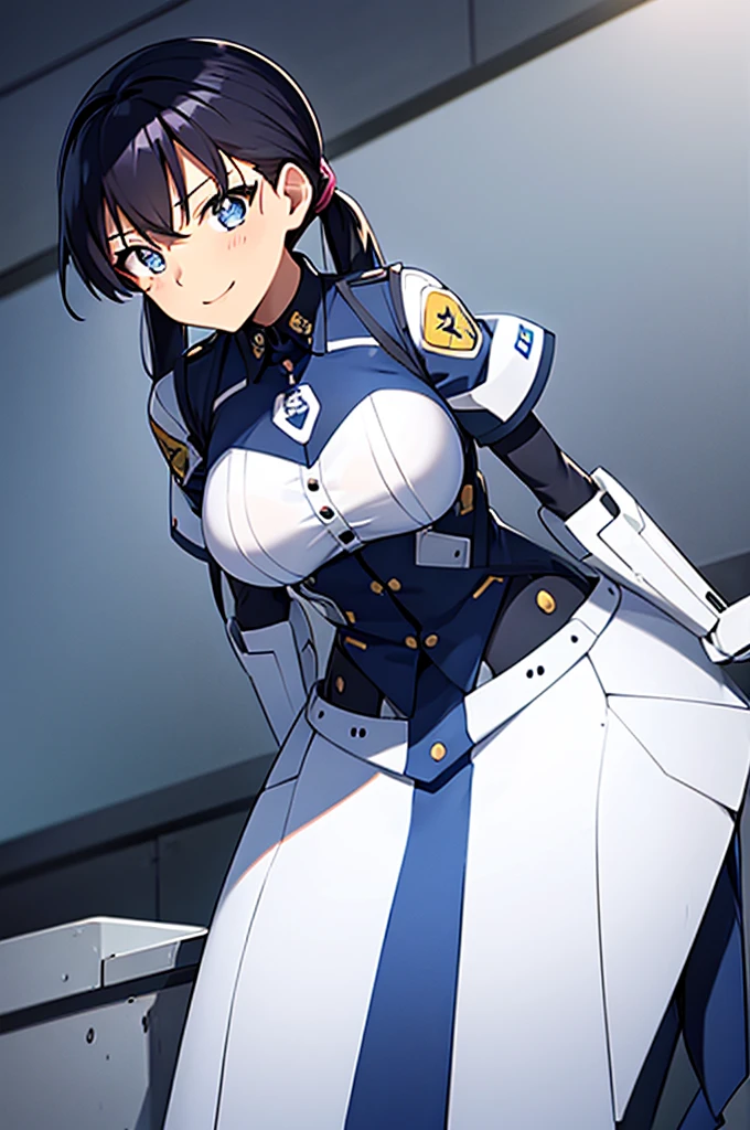 Mecha Wings、Blue Skirt、Accentuated thighs、chest、Black Hair、1 girl、solo girl、IS、Frame Arms Girl、Alice Gere Aegis、White Armor、Pink Line、income、headphone、hand on own chest、smile、Miike Naeko,One girl,alone,police,police ユニフォーム,police woman,tie,Twin tails
