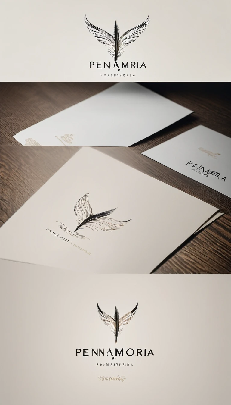 A minimal, modern, simple, cinematic logo design for the brand “Penamemoria". Create a modern, minimalistic, high-quality, logo of a feather with wings that convey a sense of memories and dreams