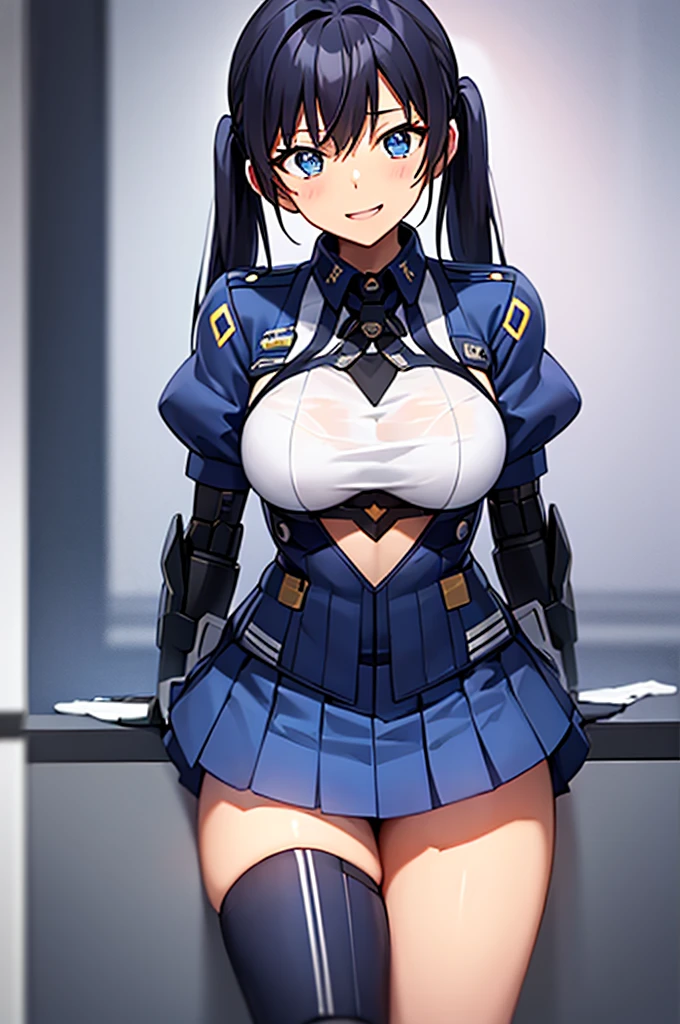 Mecha Wings、Blue Skirt、Accentuated thighs、chest、Black Hair、1 girl、solo girl、IS、Frame Arms Girl、Alice Gere Aegis、White Armor、Pink Line、income、headphone、hand on own chest、smile、Miike Naeko,One girl,alone,police,police ユニフォーム,police woman,tie,Twin tails、Wide-open legs