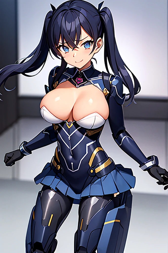 Mecha Wings、Blue Skirt、Accentuated thighs、chest、Black Hair、1 girl、solo girl、IS、Frame Arms Girl、Alice Gere Aegis、White Armor、Pink Line、income、headphone、hand on own chest、smile、Miike Naeko,One girl,alone,police,police ユニフォーム,police woman,tie,Twin tails、Wide-open legs