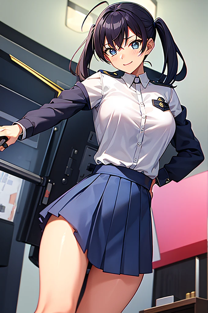 Mecha Wings、Blue Skirt、Accentuated thighs、chest、Black Hair、1 girl、solo girl、IS、Frame Arms Girl、Alice Gere Aegis、White Armor、Pink Line、income、headphone、hand on own chest、smile、Miike Naeko,One girl,alone,police,police ユニフォーム,police woman,tie,Twin tails、Wide-open legs