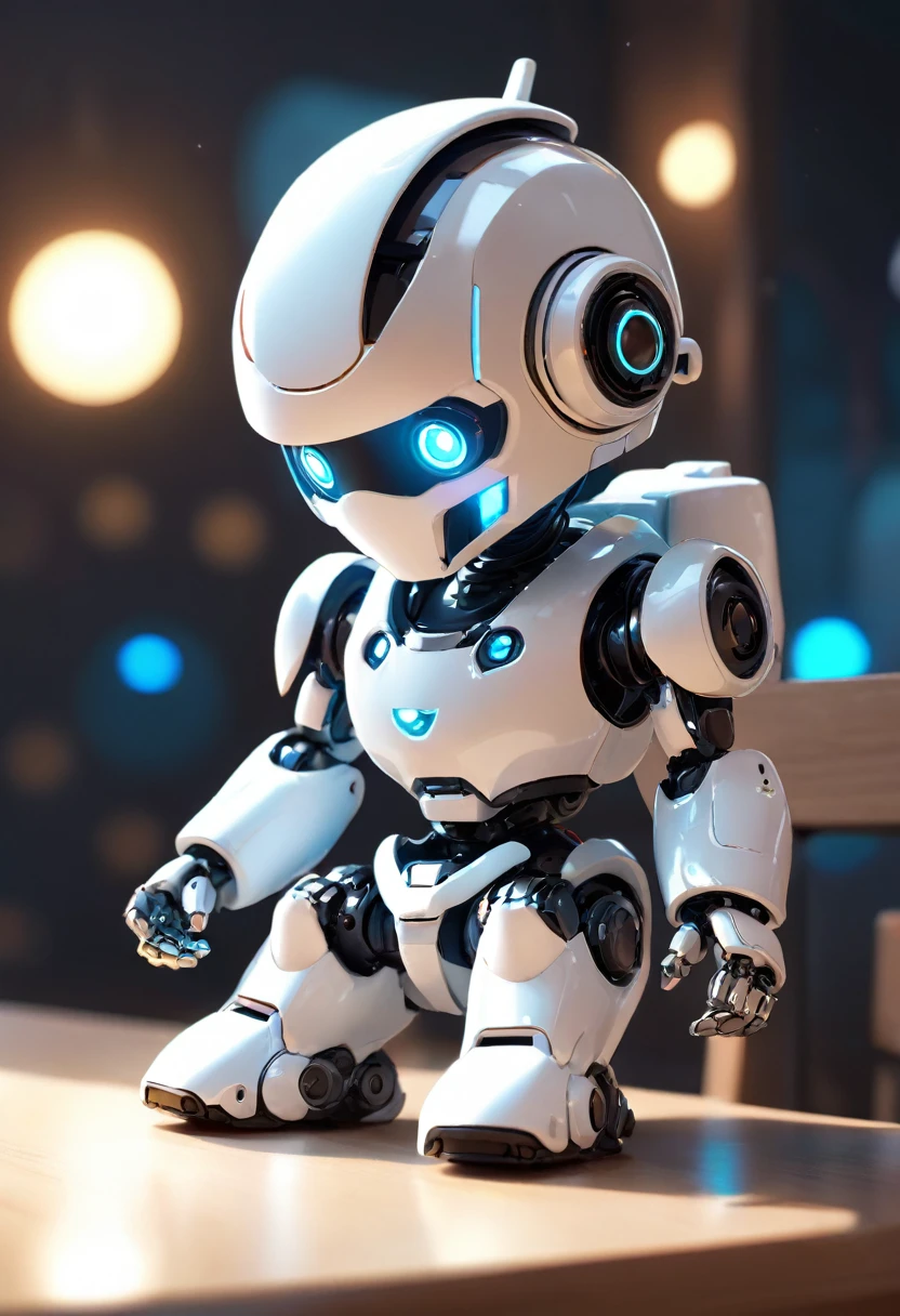 Close-up of a robot on a table, 3D Rendering, Jongsuk Lee, Digital Art, Adorable glowing creatures, Nendoroid-like style, Futuristic gear and helmet, Shiny white armor