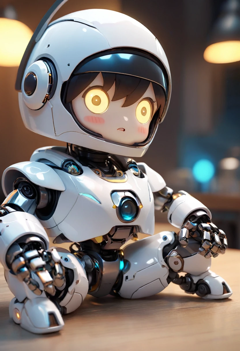 Close-up of a robot on a table, 3D Rendering, Jongsuk Lee, Digital Art, Adorable glowing creatures, Nendoroid-like style, Futuristic gear and helmet, Shiny white armor