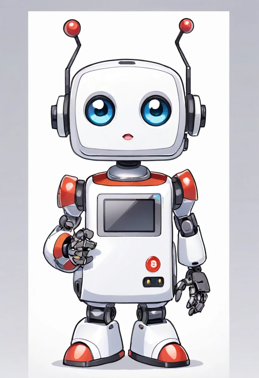 「Lost in the digital world」、A cartoon-style robot with a dice motif,A cute robot、Big eyes、Eyes closed expression、antenna、Electronic display panel on chest、Holding the microphone close to your mouth、whole body、Background is white、Mouth closed