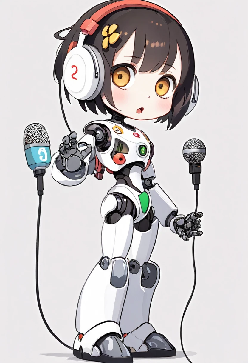 「Lost in the digital world」、A cartoon-style robot with a dice motif,A cute robot、Big eyes、Eyes closed expression、antenna、Electronic display panel on chest、Holding the microphone close to your mouth、whole body、Background is white、Mouth closed