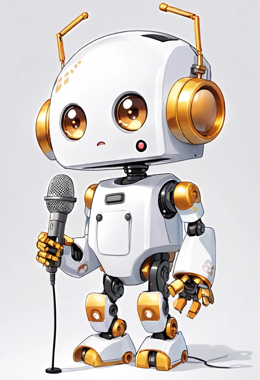 「Lost in the digital world」、A cartoon-style robot with a dice motif,A cute robot、Big eyes、Eyes closed expression、antenna、Electronic display panel on chest、Holding the microphone close to your mouth、whole body、Background is white、Mouth closed