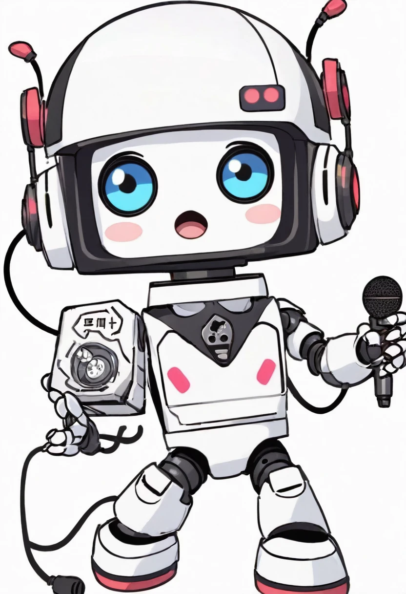 「Lost in the digital world」、A cartoon-style robot with a dice motif,A cute robot、Big eyes、Eyes closed expression、antenna、Electronic display panel on chest、Holding the microphone close to your mouth、whole body、Background is white、Mouth closed