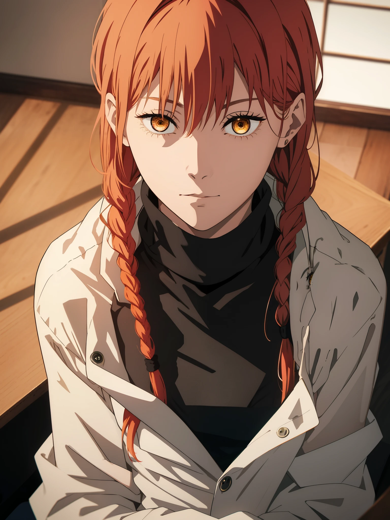 hand \(Chainsaw Man\),, One Girl, only, sit, Redhead, Long braided hair, Golden Eyes,, Mid-chest, Black turtleneck sweater, Perfect collarbone, （Black lace panties）, (just:1.2), look up , (close:1.3), , Upper Body, Highest quality, Glowing Skin, Highest quality, High resolution, , 