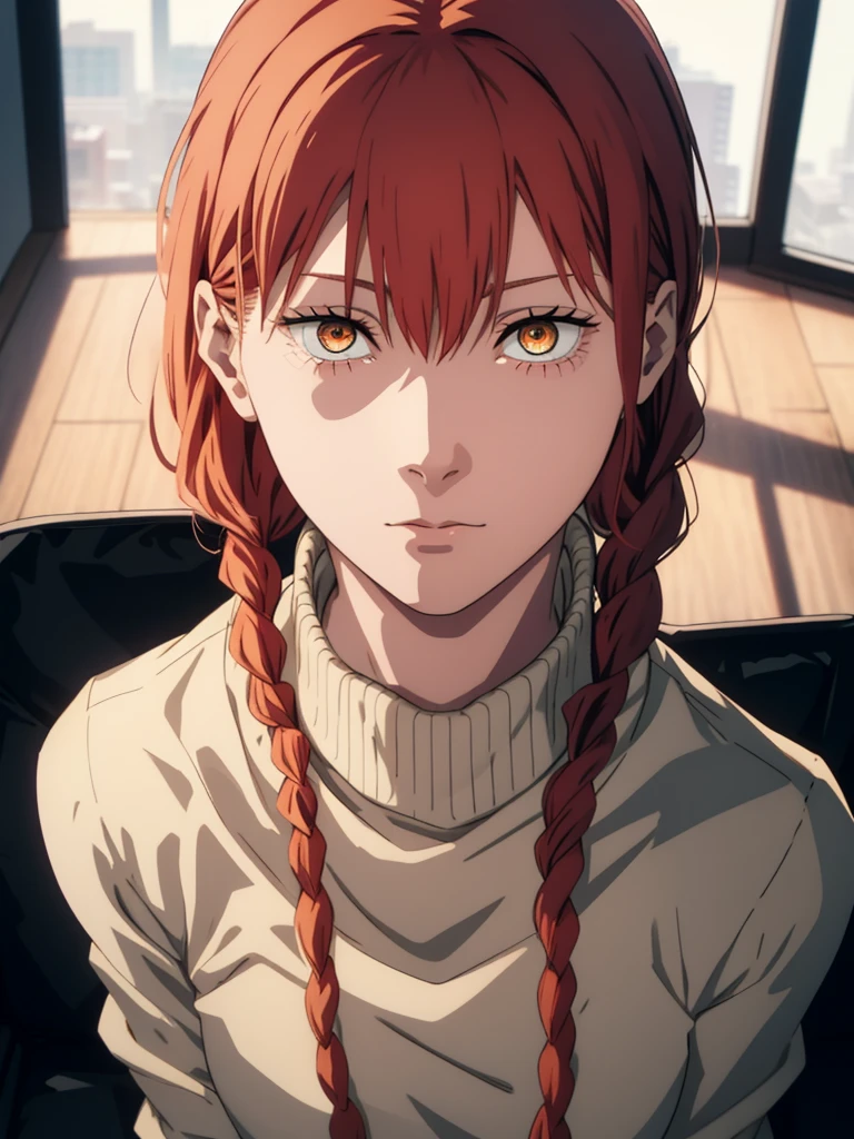 hand \(Chainsaw Man\),, One Girl, only, sit, Redhead, Long braided hair, Golden Eyes,, Mid-chest, Black turtleneck sweater, Perfect collarbone, (Black lace panties), (just:1.2), look up , (close:1.3), , Upper Body, Highest quality, Glowing Skin, Highest quality, High resolution, ,