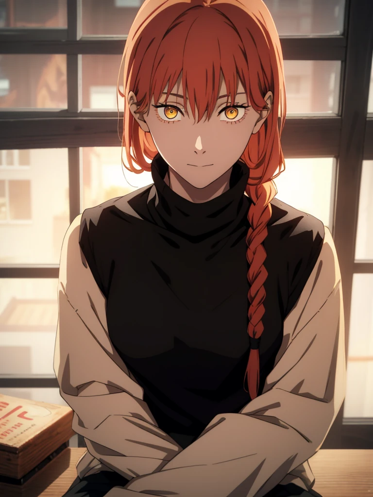 hand \(Chainsaw Man\),, One Girl, only, sit, Redhead, Long braided hair, Golden Eyes,, Mid-chest, Black turtleneck sweater, Perfect collarbone, （Black lace panties）, (just:1.2), look up , (close:1.3), , Upper Body, Highest quality, Glowing Skin, Highest quality, High resolution, , 