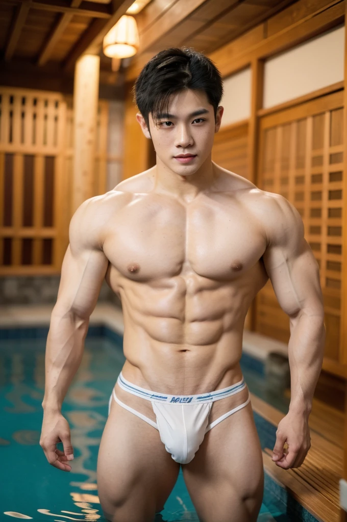 1boy, young handsome vietnamese boy with bodybuilder physique, (slim:1.4), huge muscles, muscular!!!, exaggerated musculatures, exaggerated muscular physique, wide shoulders, wearing sexy white wet micro thongs, huge bulges, sexy, smirking, confident, mischievous, cute, short hair, puffy nipples, glistening skin, detailed hands, standing and relaxing, in an onsen hot spring, masterpiece, best quality, highres, absurdres, pubes, realistic, lifted arms