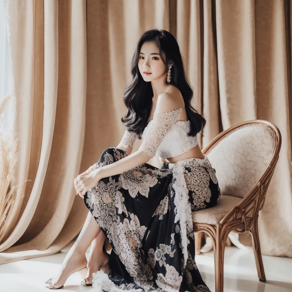 A beautiful Korean woman aged 20 years, wearing a long Balinese kebaya, White, wearing a black floral patterned skirt, sitting gracefully on a round couch, photo style, background, photo studio, very detailed 8k 