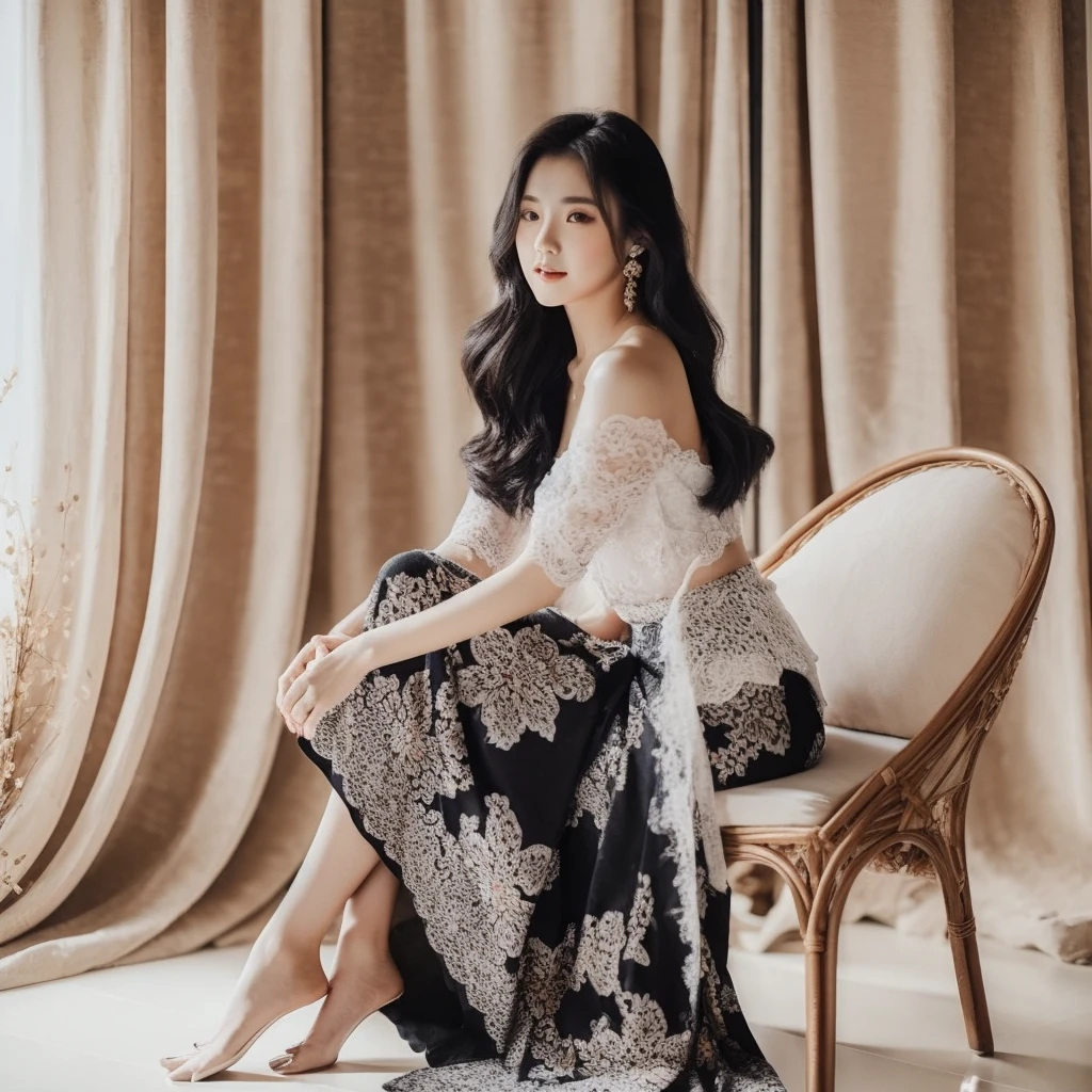 A beautiful Korean woman aged 20 years, wearing a long Balinese kebaya, White, wearing a black floral patterned skirt, sitting gracefully on a round couch, photo style, background, photo studio, very detailed 8k