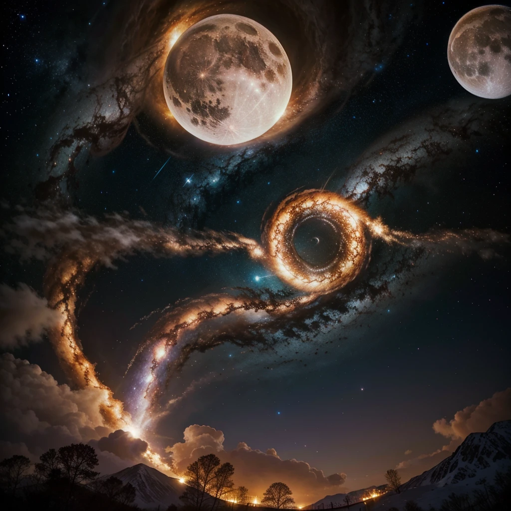 Greatest Quality, the best imagenary scene, Beautiful sky, twin whirlpool galaxy,dynamic star colour, glowing moon,view form flower flied,fantasy word
