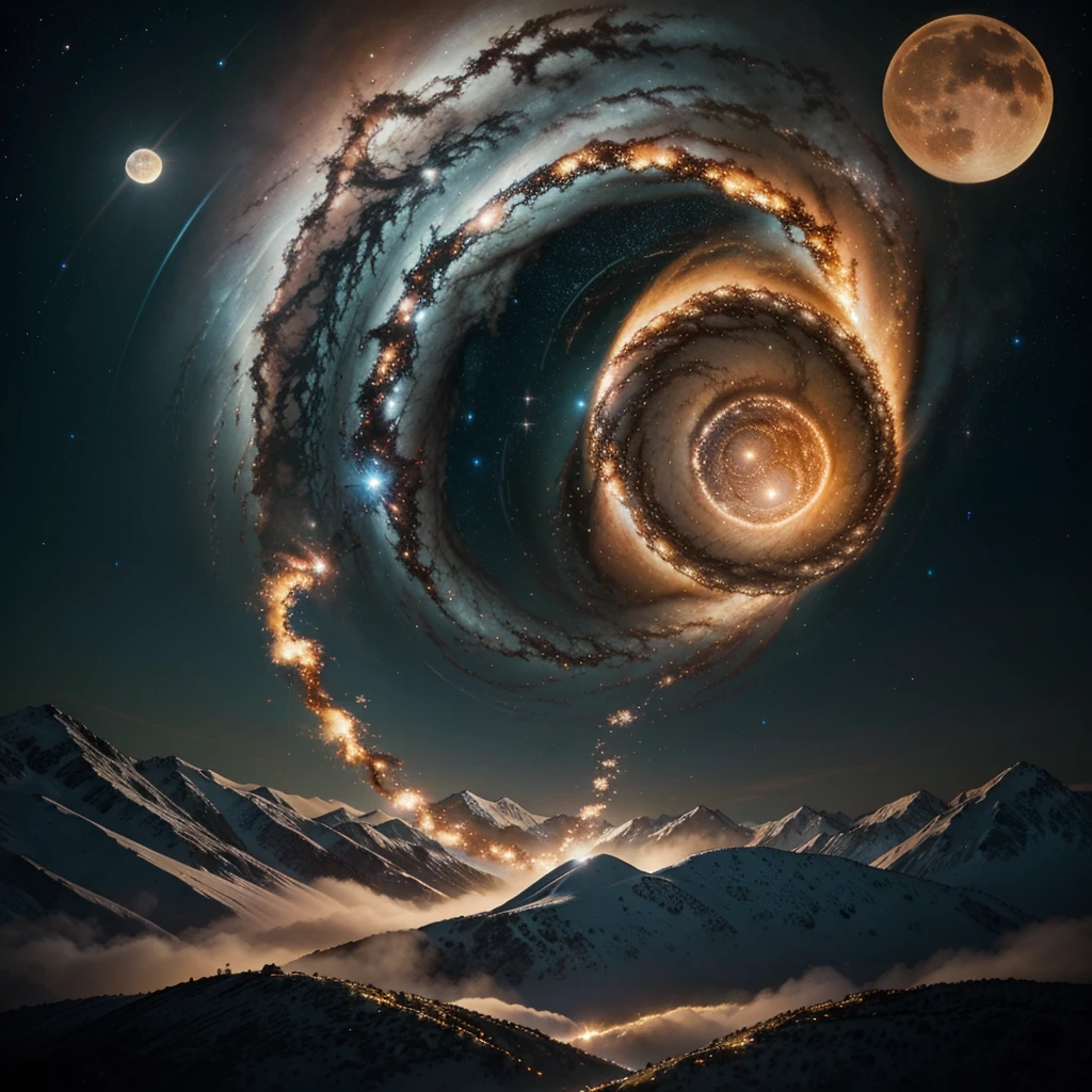 Greatest Quality, the best imagenary scene, Beautiful sky, twin whirlpool galaxy,dynamic star colour, glowing moon,view form flower flied,fantasy word