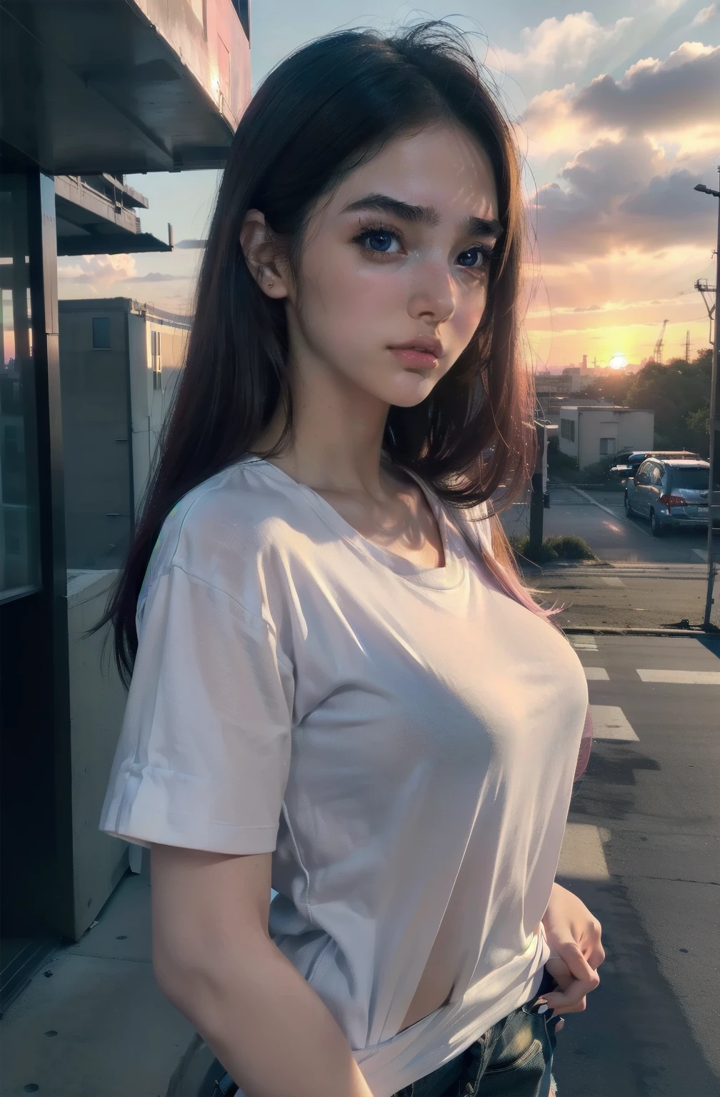 2.5D realistic anime, a full body of a young female hyperrealist, photorealistic, young female working class hero, workshirt, hold helm in hand, full body, beaty face, ((detailed face, eyes, eyebrows, nose, lips, blushing)), sunset behind building constructions