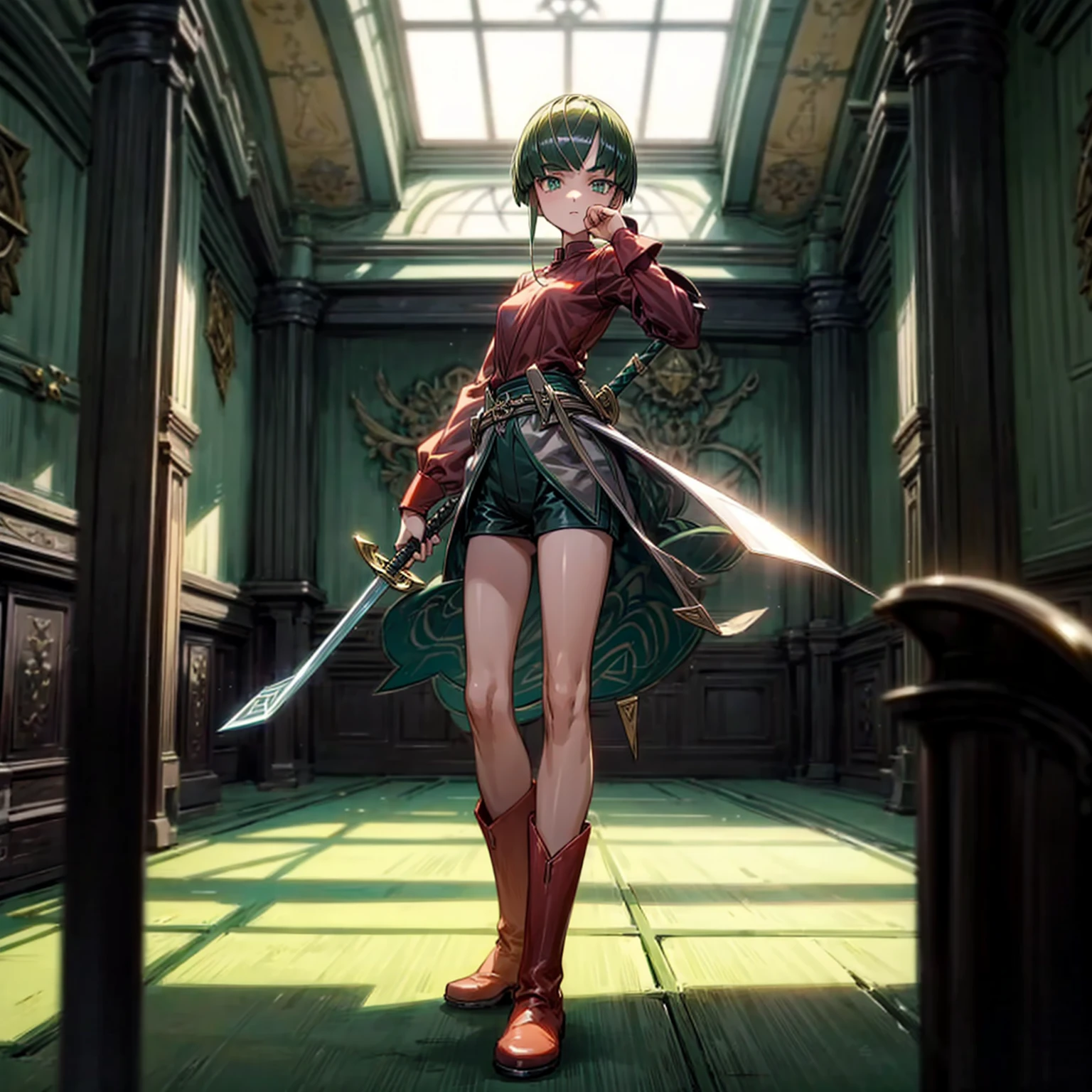 1girl, Full body version, 1character, green eyes, short haircut, green color hair, soldier style clothing, red colour clothing, boots, Grassroots, background indoor building city, motion blur, (detective conan style art), standing gesture, sword in hand 