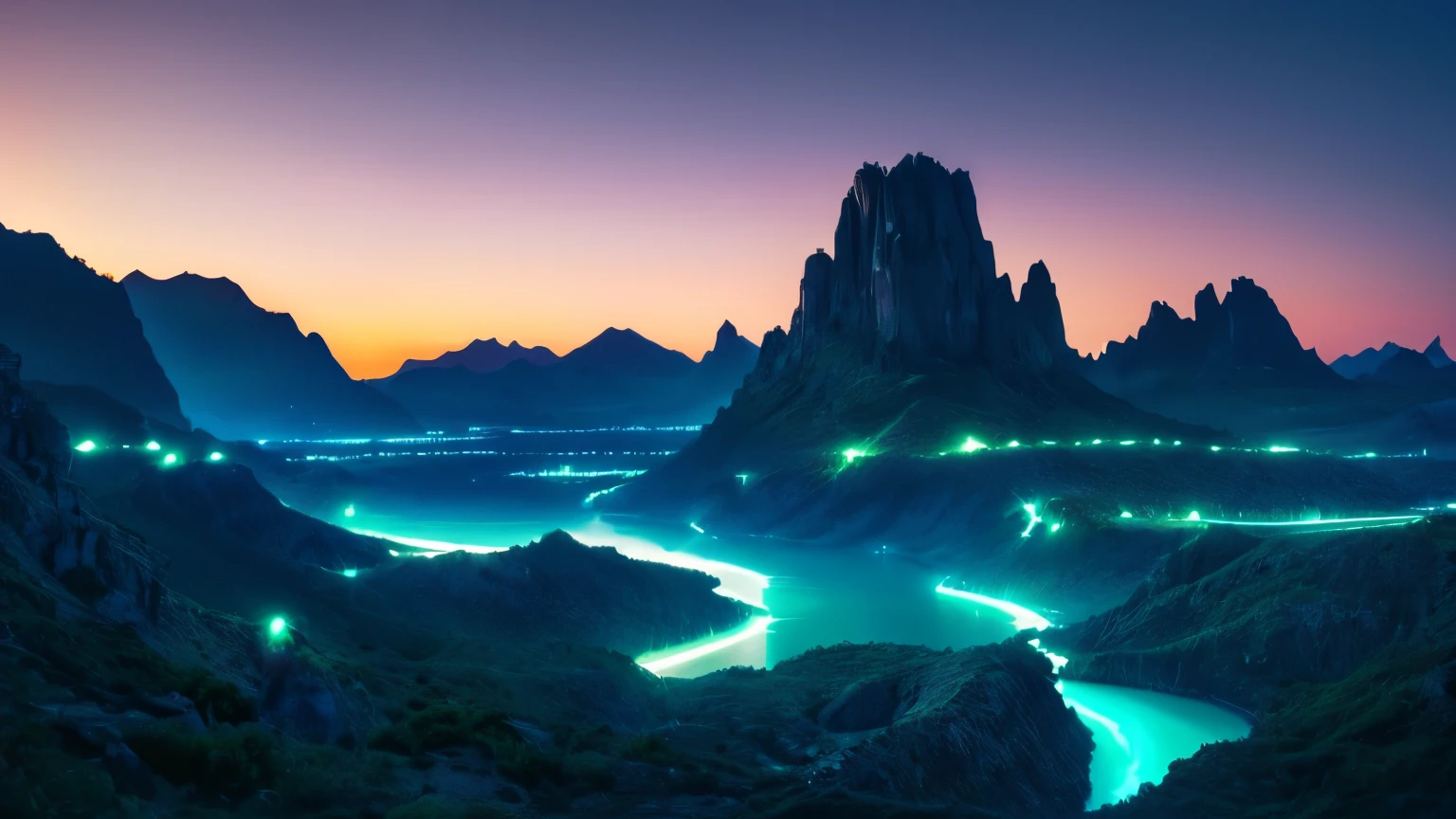 Generate a breathtaking and unique landscape photo using SDXL. The scene should depict a surreal and otherworldly environment where towering, jagged mountains are covered in bioluminescent vegetation that glows in shades of blue and green. A crystalline river winds its way through the valley, its water shimmering with iridescent hues under the light of a large, luminescent moon hanging low in the sky. The sky is filled with vibrant, swirling colors of a twilight that blends purples, pinks, rendering 4k resolution